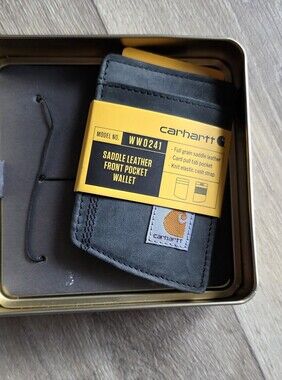 Carhartt Black Saddle Leather Front Pocket Wallet with Yellow Sleeve